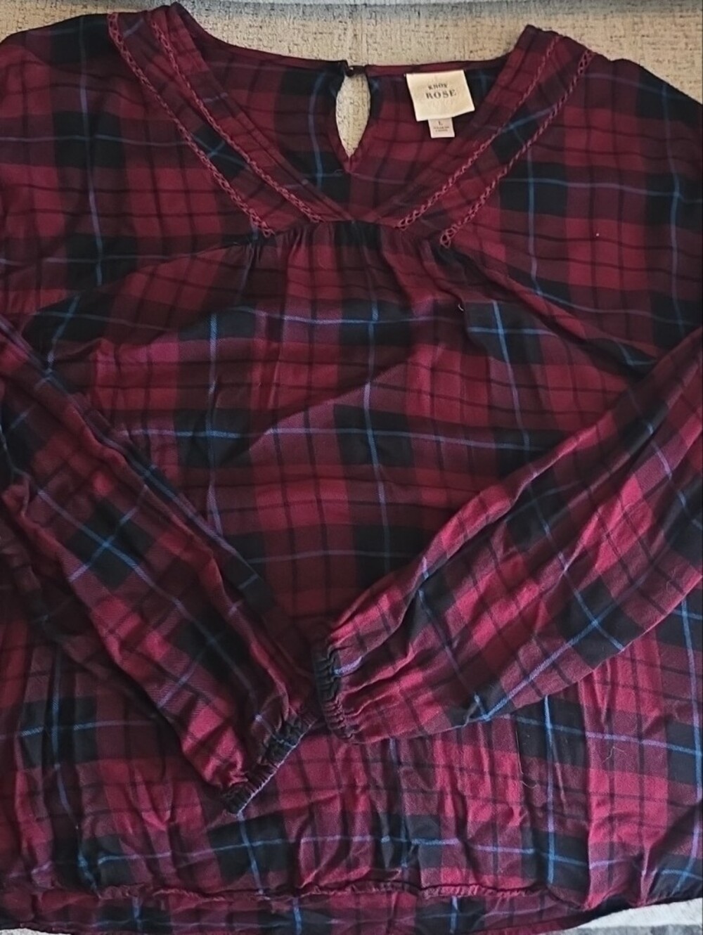 Knox Rose Women's Burgundy Plaid Long-Sleeve Top. Size L.